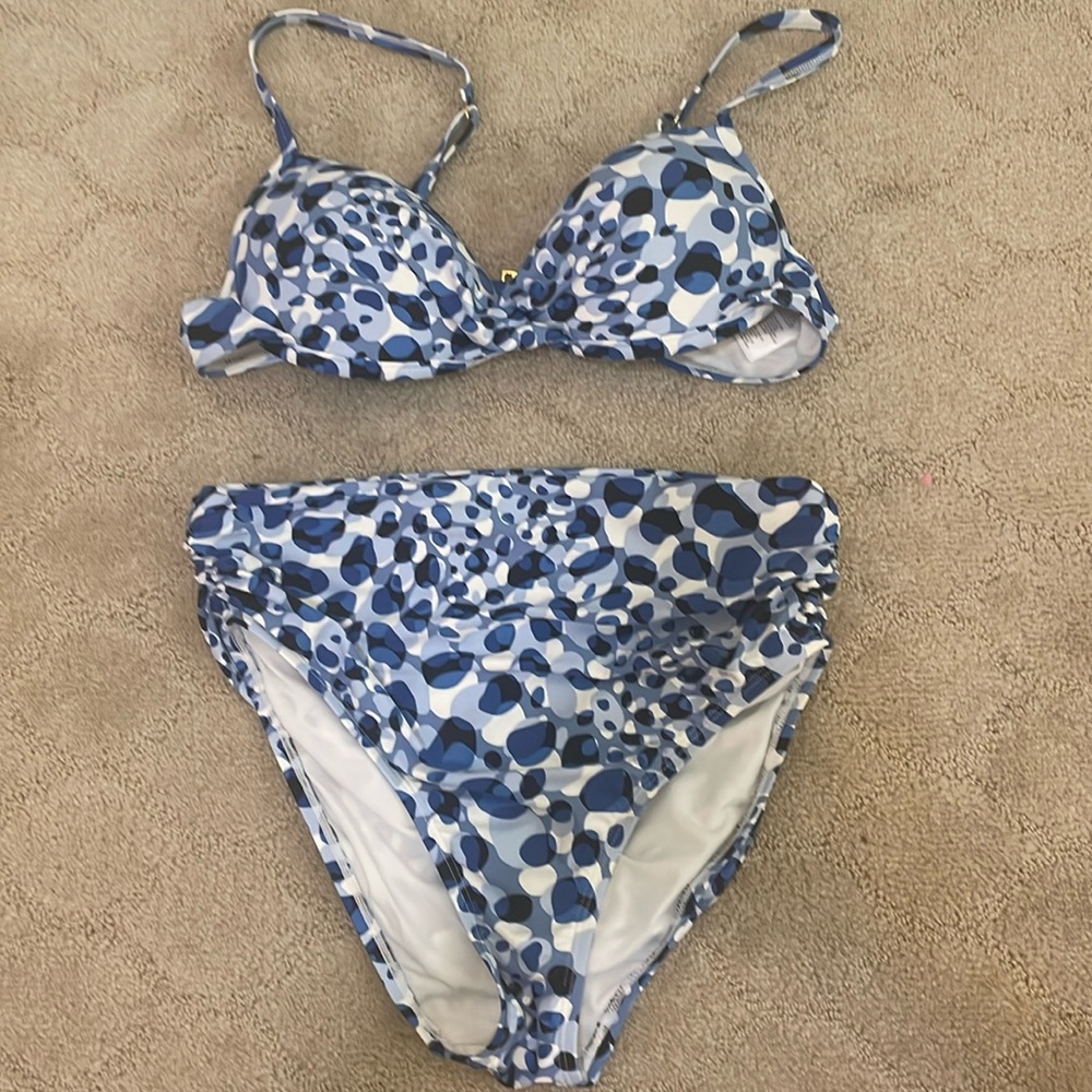 blue, white, and black bikini full coverage high rise bottoms